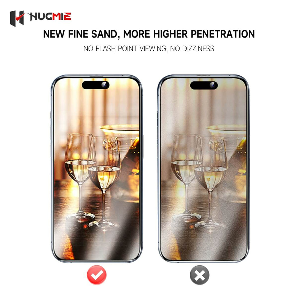 Comparison of Hugmie Matte Glass Screen Protector showing high penetration fine sand texture for clear, no-dizziness viewing experience.