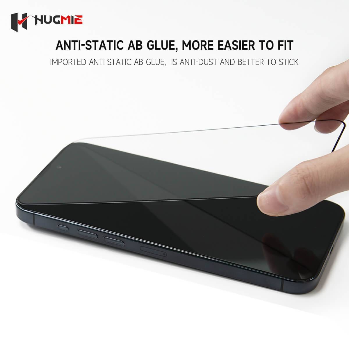 Hugmie Matte Glass Screen Protector with anti-static AB glue for easy installation, dust resistance, and strong adhesion to the iPhone 16 screen.