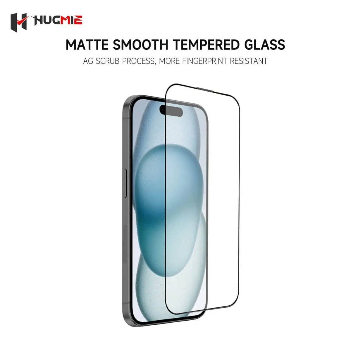 Hugmie Matte Glass Screen Protector for iPhone 16 Series with AG Scrub technology for fingerprint resistance and smooth tempered glass finish.