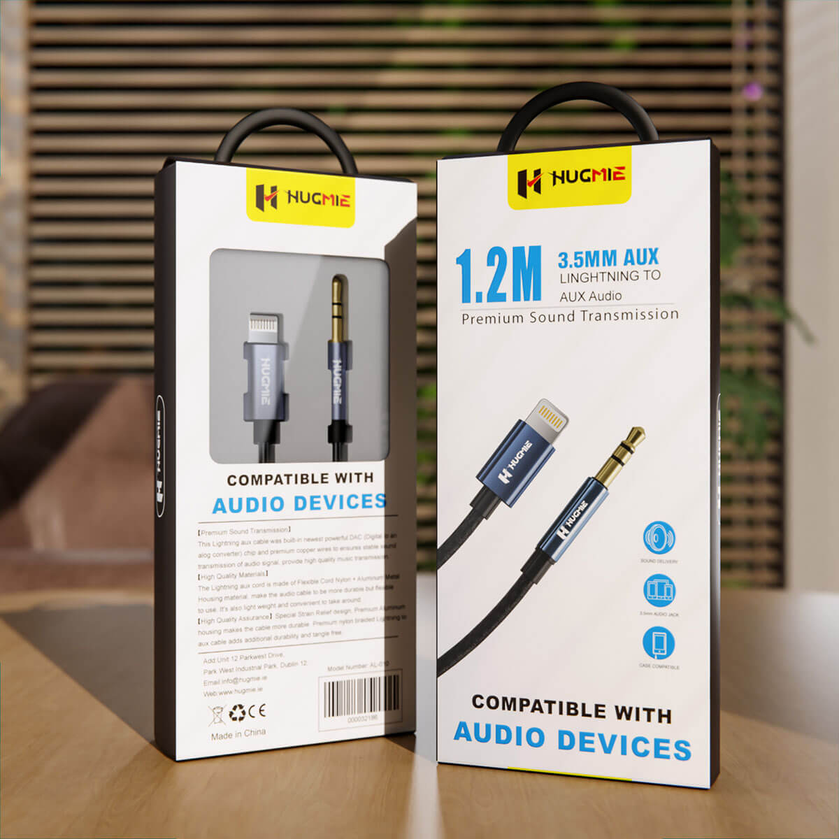 Hugmie® Lightning to 3.5mm Aux Audio Cable premium packaging, highlighting compatibility with audio devices and high-quality sound transmission.
