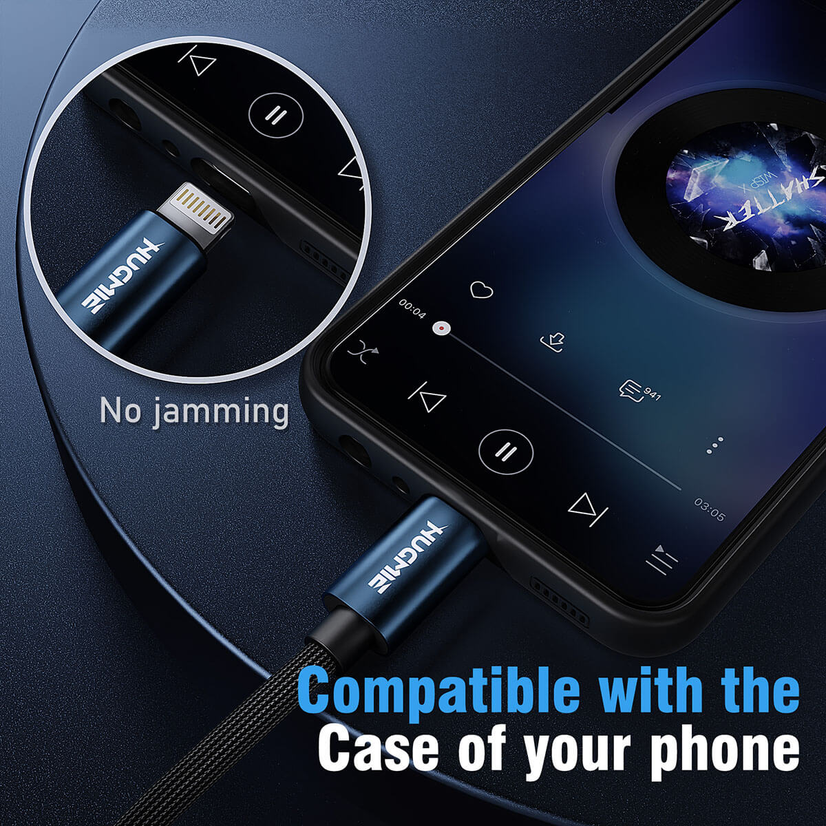 Hugmie® Lightning to 3.5mm Aux Audio Cable designed for seamless compatibility with phone cases, ensuring uninterrupted music playback.