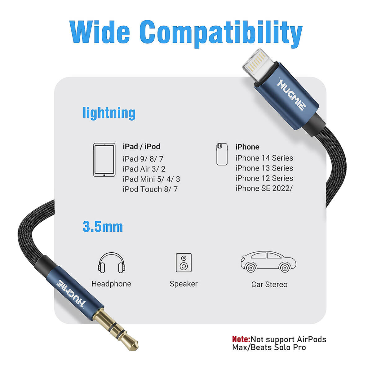 Hugmie® Lightning to 3.5mm Aux Audio Cable offers wide compatibility with iPhones, iPads, headphones, speakers, and car stereos.