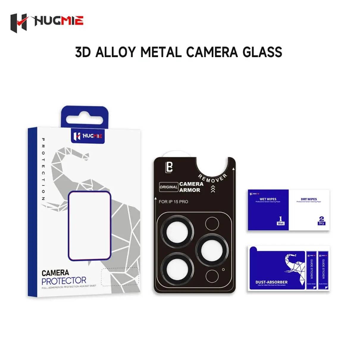 Hugmie 3D alloy metal camera glass protector packaging with installation kit for iPhone 16 Series.