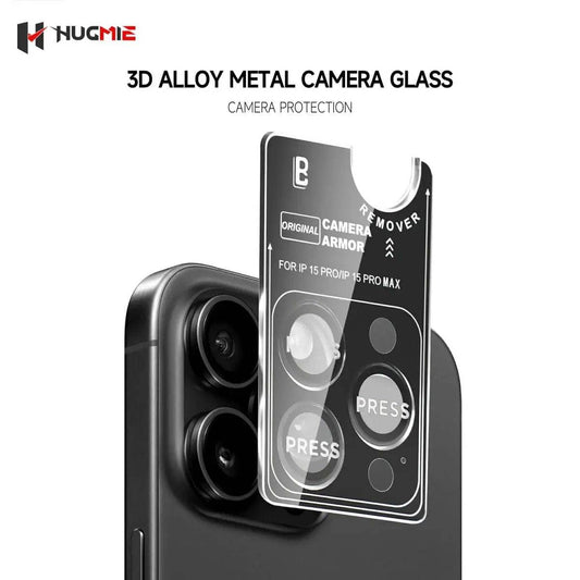 Hugmie Metal Camera Protector for iPhone 16 Series with 3D alloy metal glass, ensuring camera protection and durability.