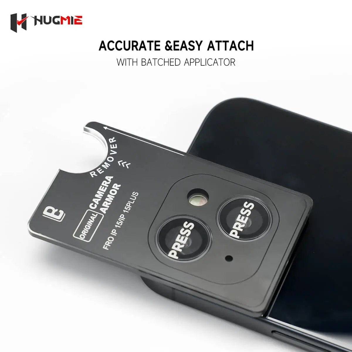 Easy-to-attach Hugmie Metal Camera Protector with batched applicator for precise installation on iPhone 16 models.