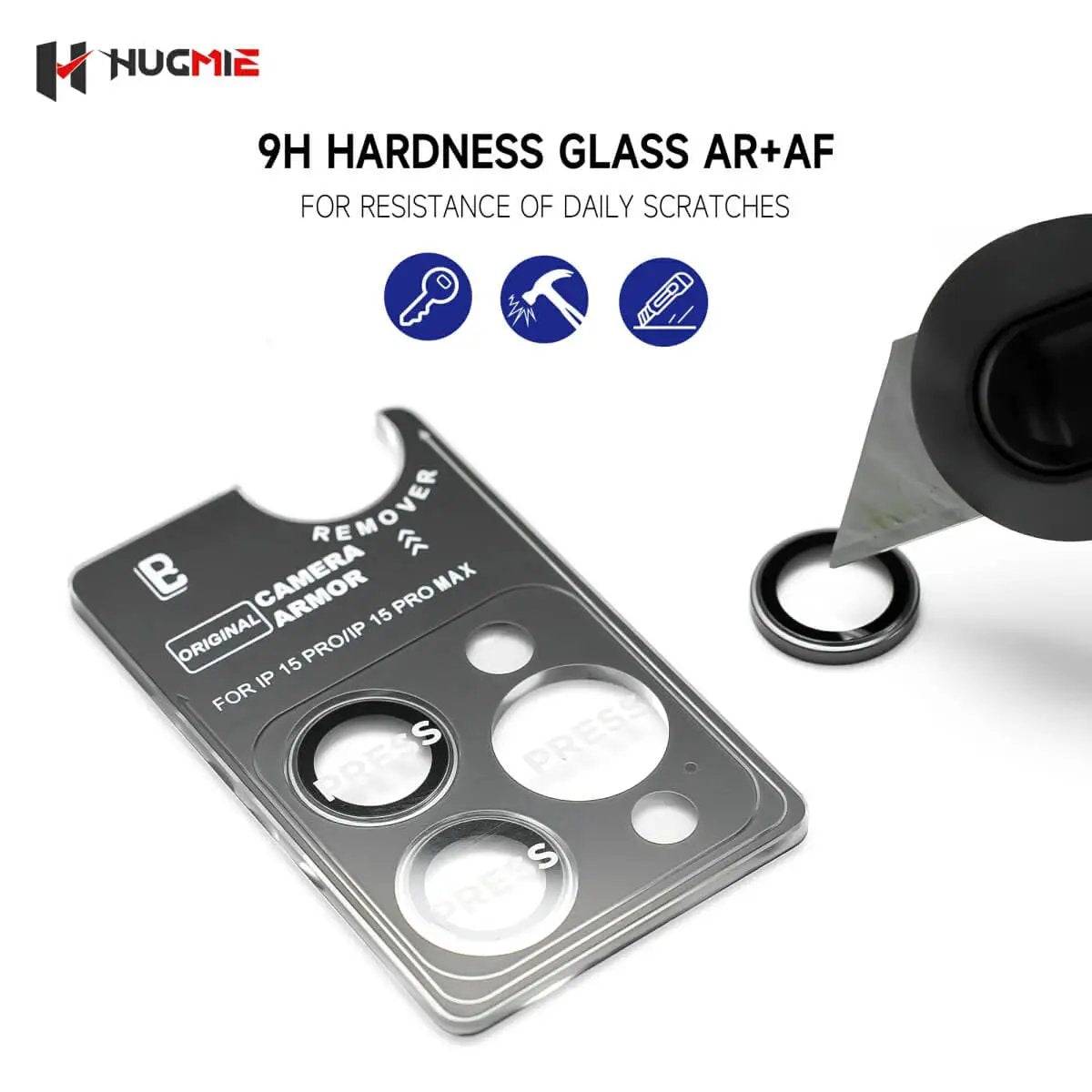 9H hardness glass camera protector by Hugmie, offering scratch resistance and durability for iPhone 16 Series.
