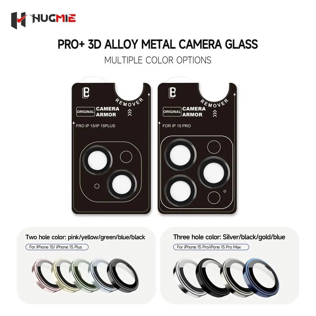 Hugmie Metal Camera Protector available in multiple color options, designed for iPhone 16 models with precise fit.
