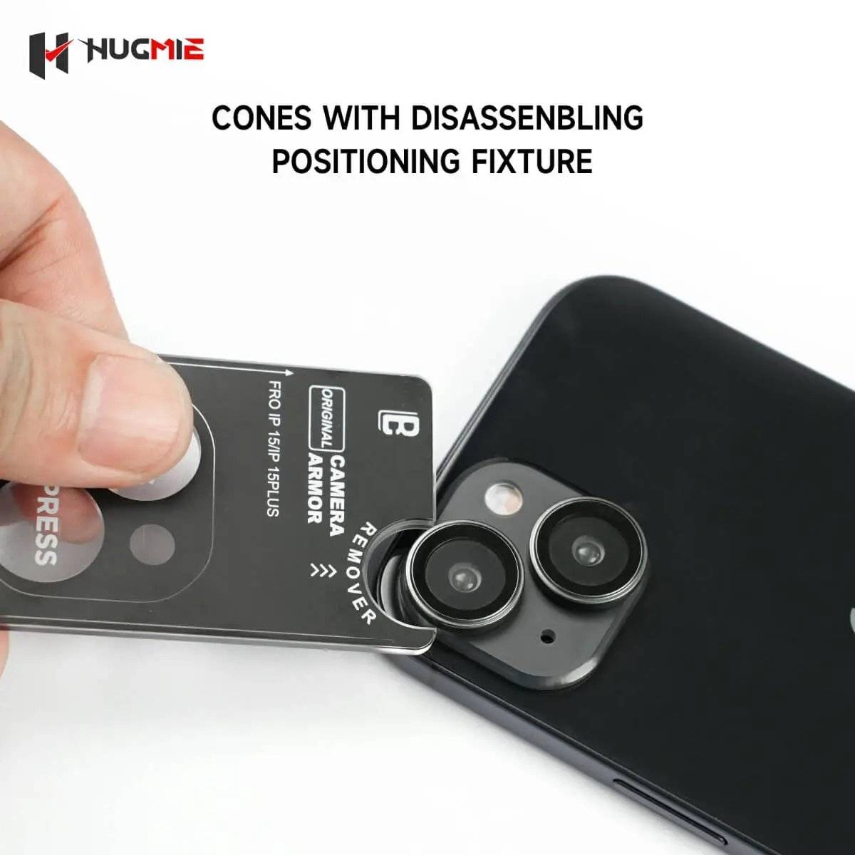 Hugmie camera protector with disassembling positioning fixture for effortless removal and reapplication on iPhone 16.