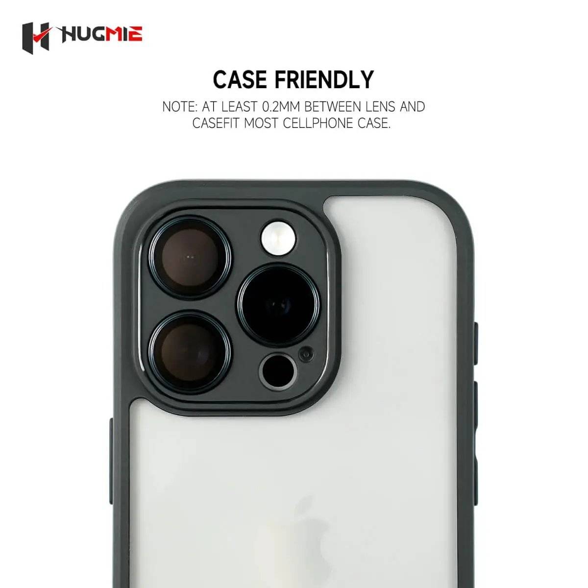 Case-friendly Hugmie Metal Camera Protector with 0.2mm gap, ensuring compatibility with most phone cases.