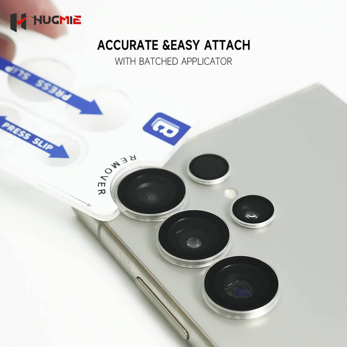 Easy-to-attach Hugmie Metal Camera Protector for Samsung with a batched applicator, ensuring precise installation on Samsung S24 Ultra.