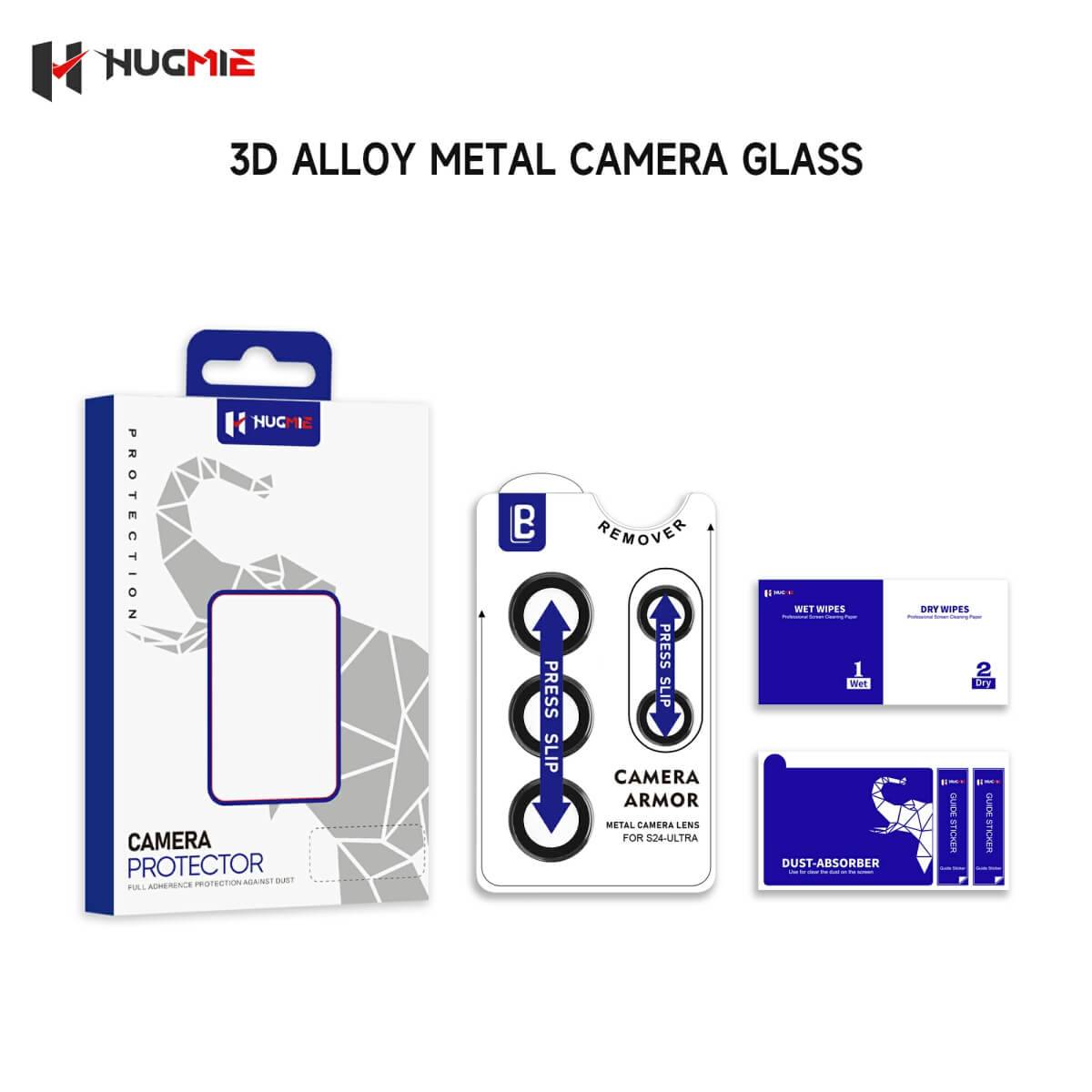 Complete Hugmie Metal Camera Protector kit for Samsung, including 3D alloy metal glass protectors and cleaning accessories.