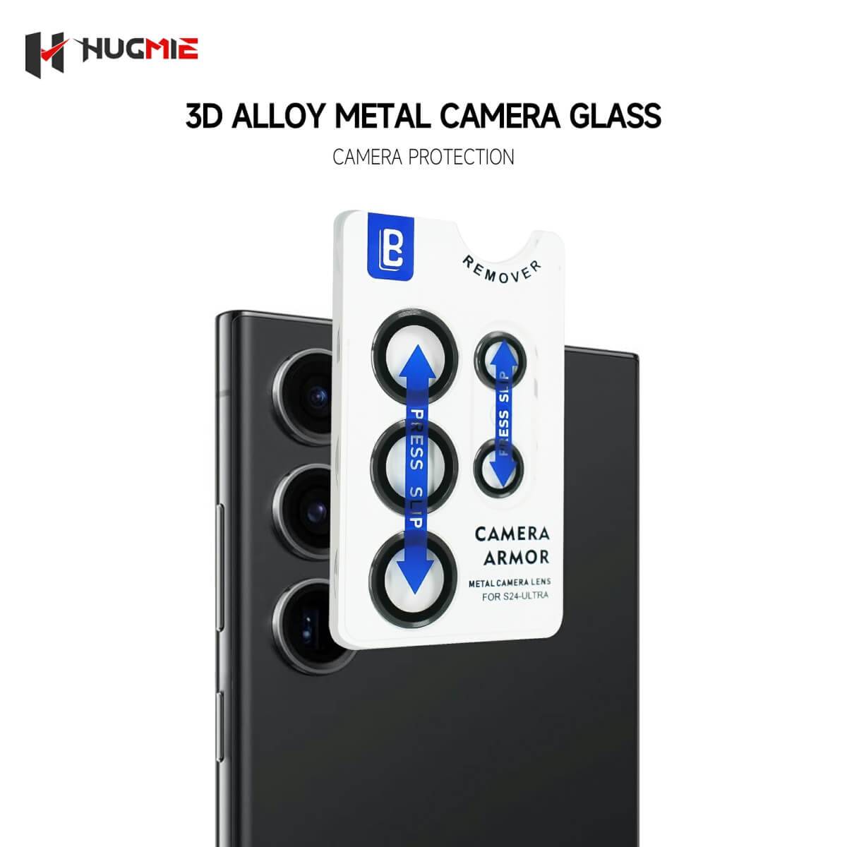 Hugmie Metal Camera Protector for Samsung with 3D alloy metal glass, ensuring camera protection and durability for Samsung S24 Ultra.