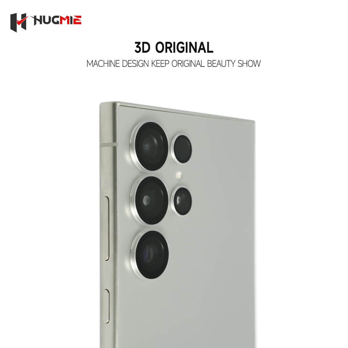 Hugmie 3D original metal camera protector for Samsung, designed to maintain the original aesthetics of the Samsung S24 Ultra.
