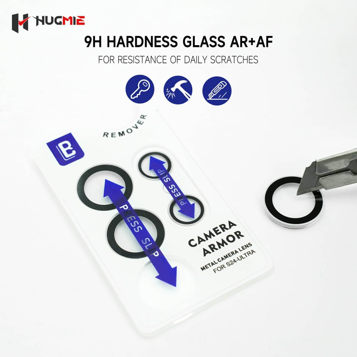 Hugmie 9H hardness glass camera protector for Samsung, resistant to daily scratches, ensuring long-lasting lens protection.
