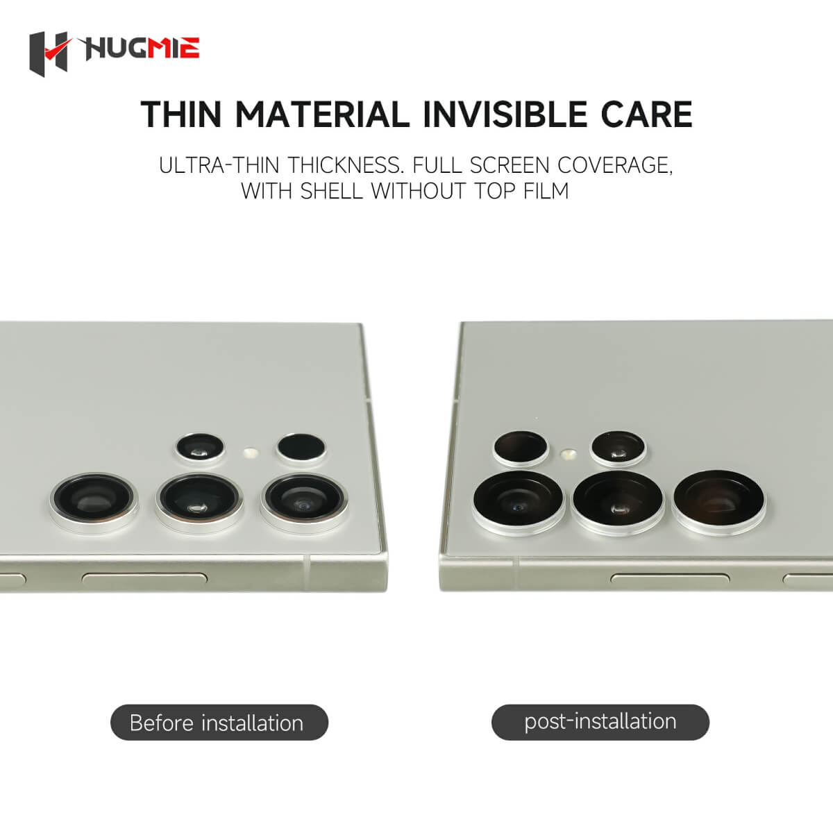 Ultra-thin Hugmie Metal Camera Protector for Samsung, offering full lens coverage while maintaining an invisible, sleek design.