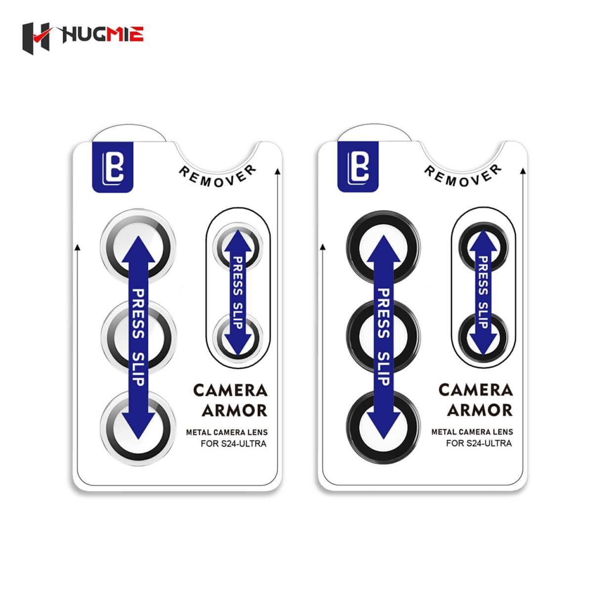 Two sets of Hugmie Metal Camera Armor protectors for Samsung S24 Ultra, featuring a press-slip applicator for easy installation.