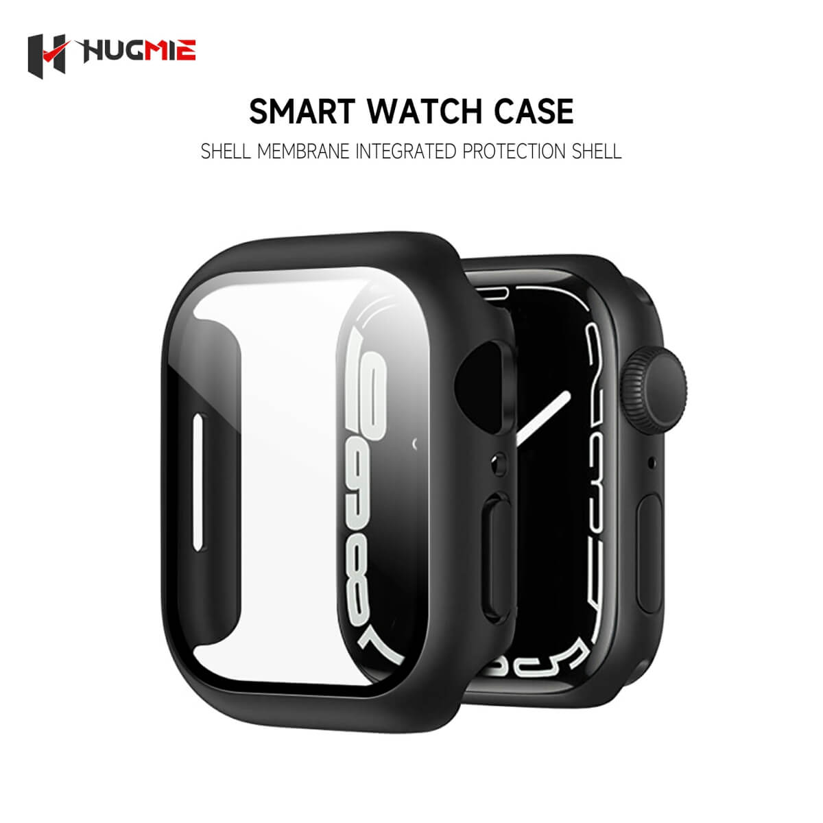 Hugmie Protective Case with Screen Protector for iWatch featuring a black shell with a clear tempered glass cover for full-screen protection.
