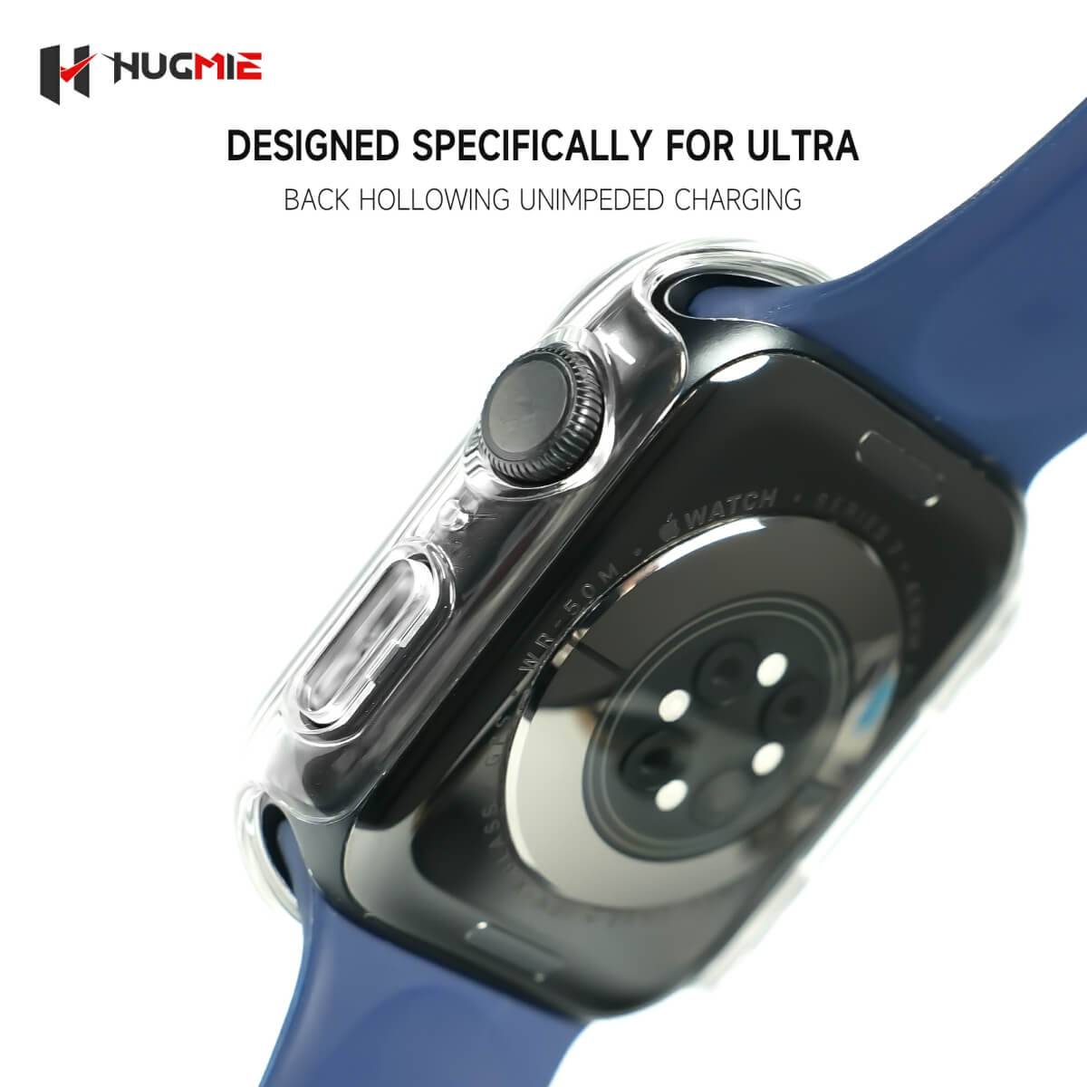 Hugmie Protective Case with Screen Protector for iWatch in clear, designed for unimpeded charging with a back hollowing structure.