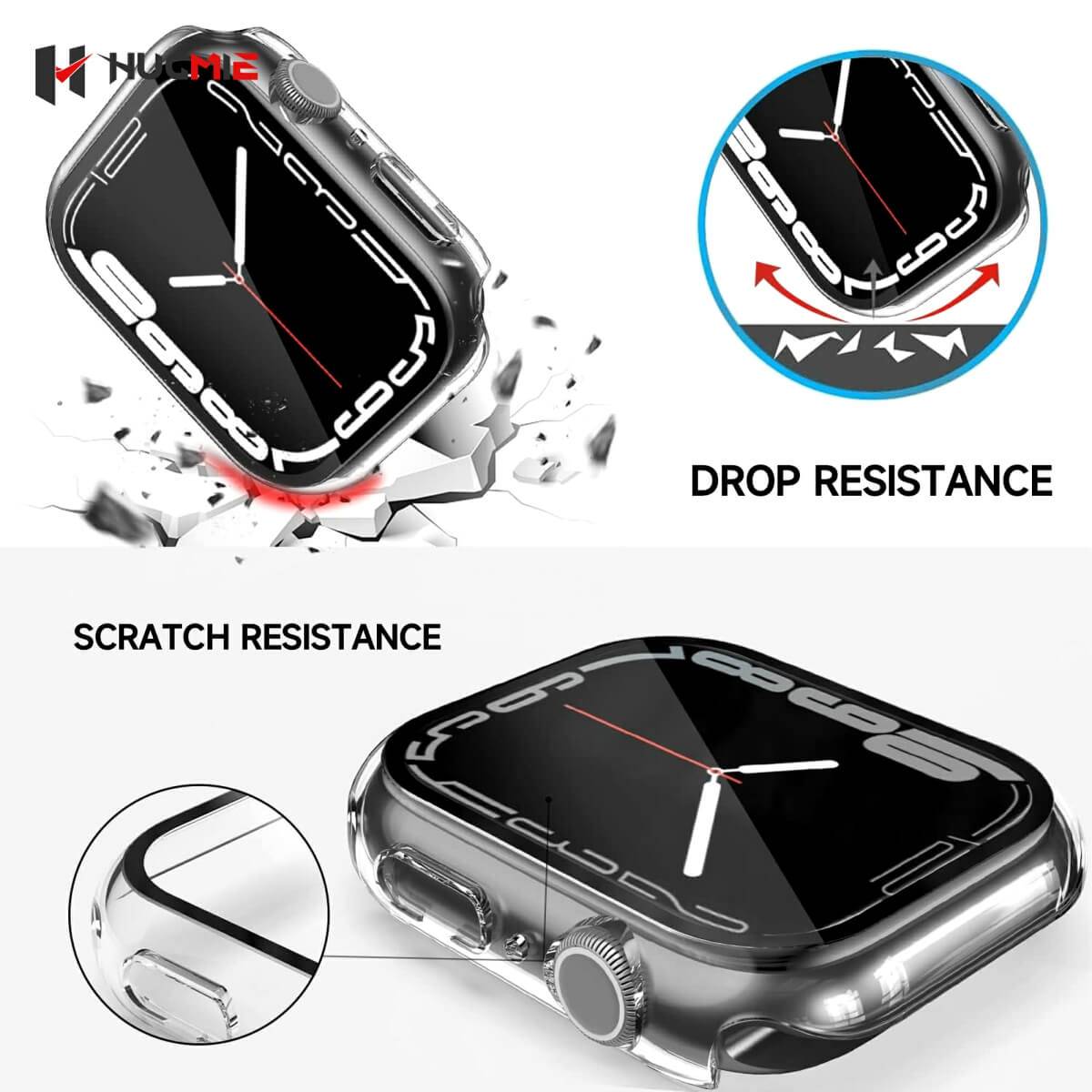Hugmie Protective Case with Screen Protector for iWatch demonstrating drop and scratch resistance with a durable tempered glass cover.