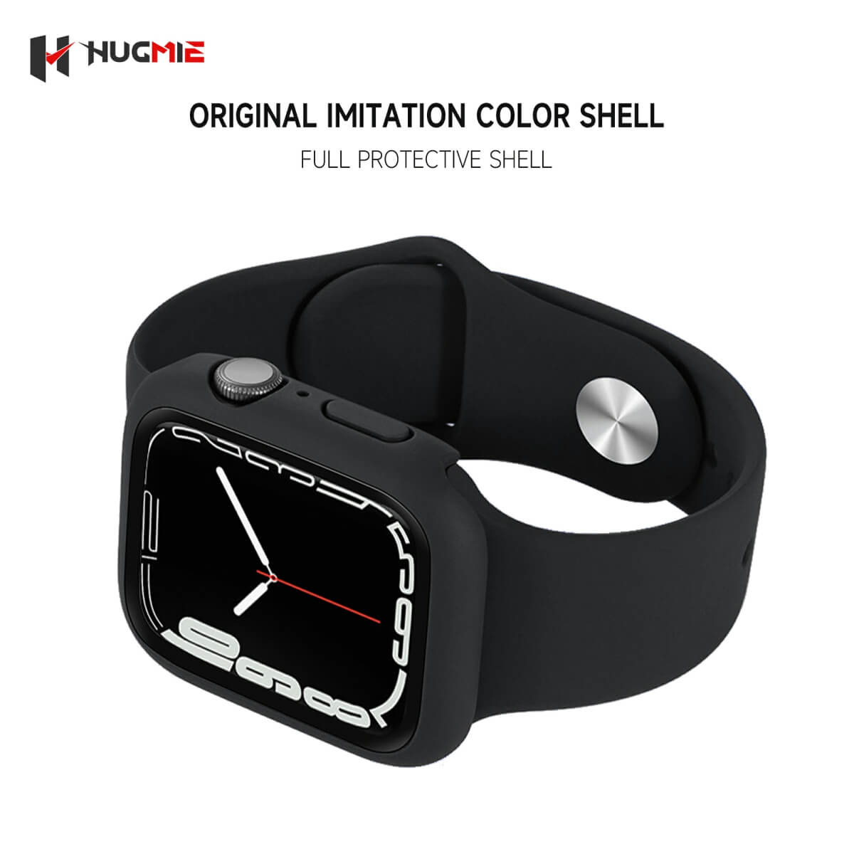 Hugmie Protective Case with Screen Protector for iWatch in black, offering a full protective shell with an original imitation color design.