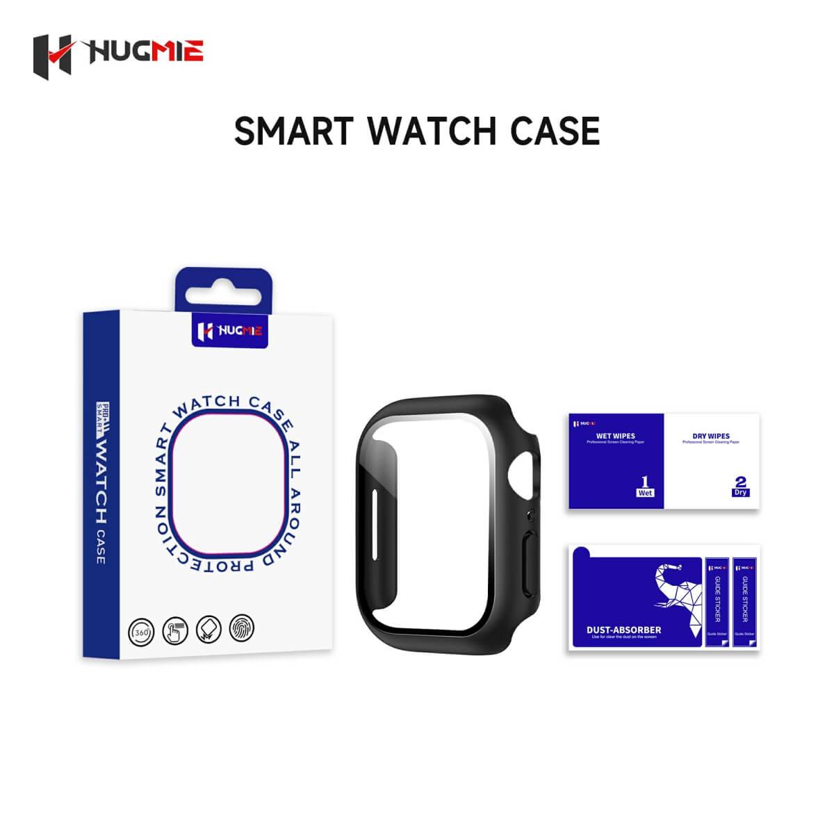 Hugmie Protective Case with Screen Protector for iWatch packaging, including the protective case, cleaning wipes, and dust absorber.