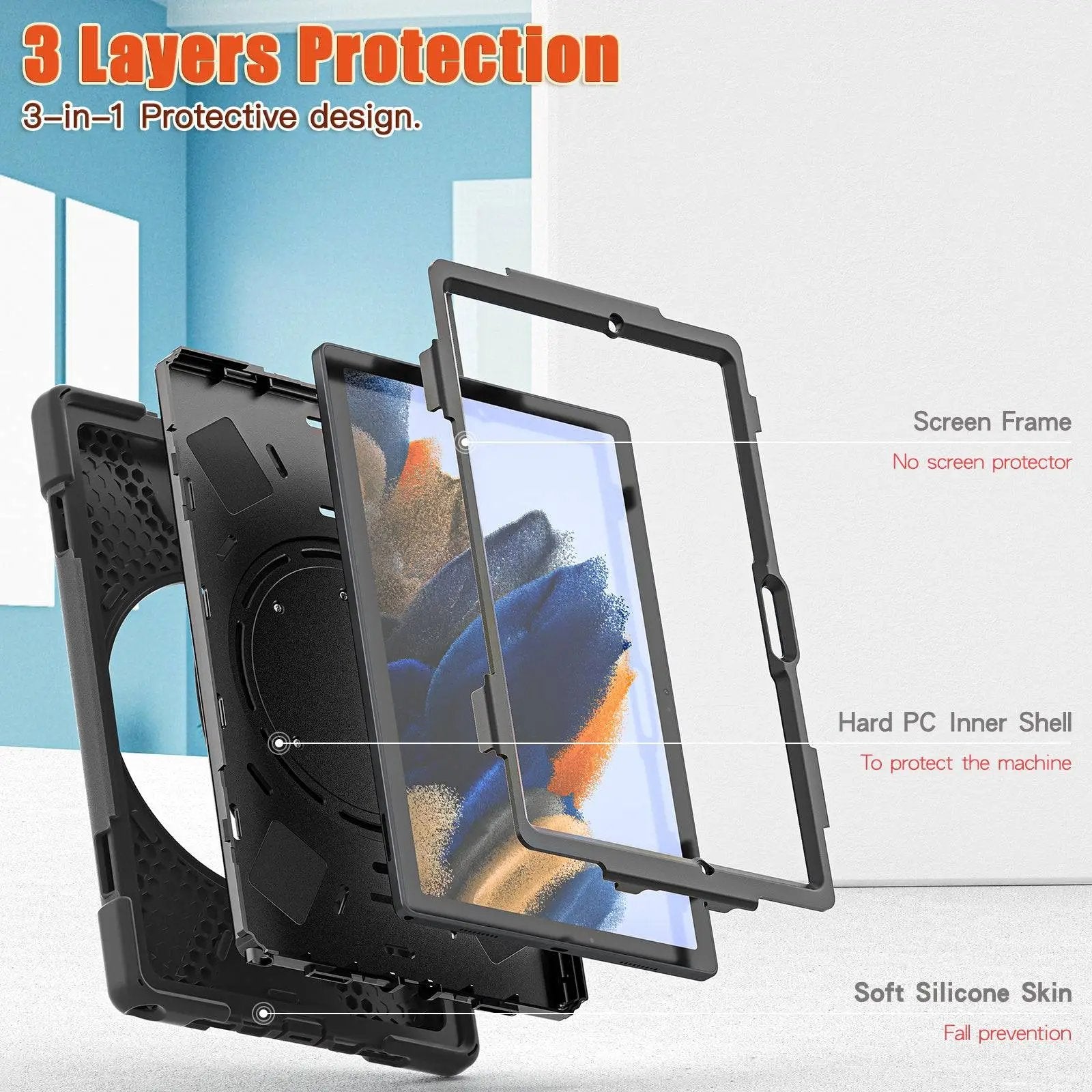 3-layer protective Samsung Tablet A8 X200 Case with a hard PC inner shell, soft silicone skin, and screen frame for enhanced durability and security.