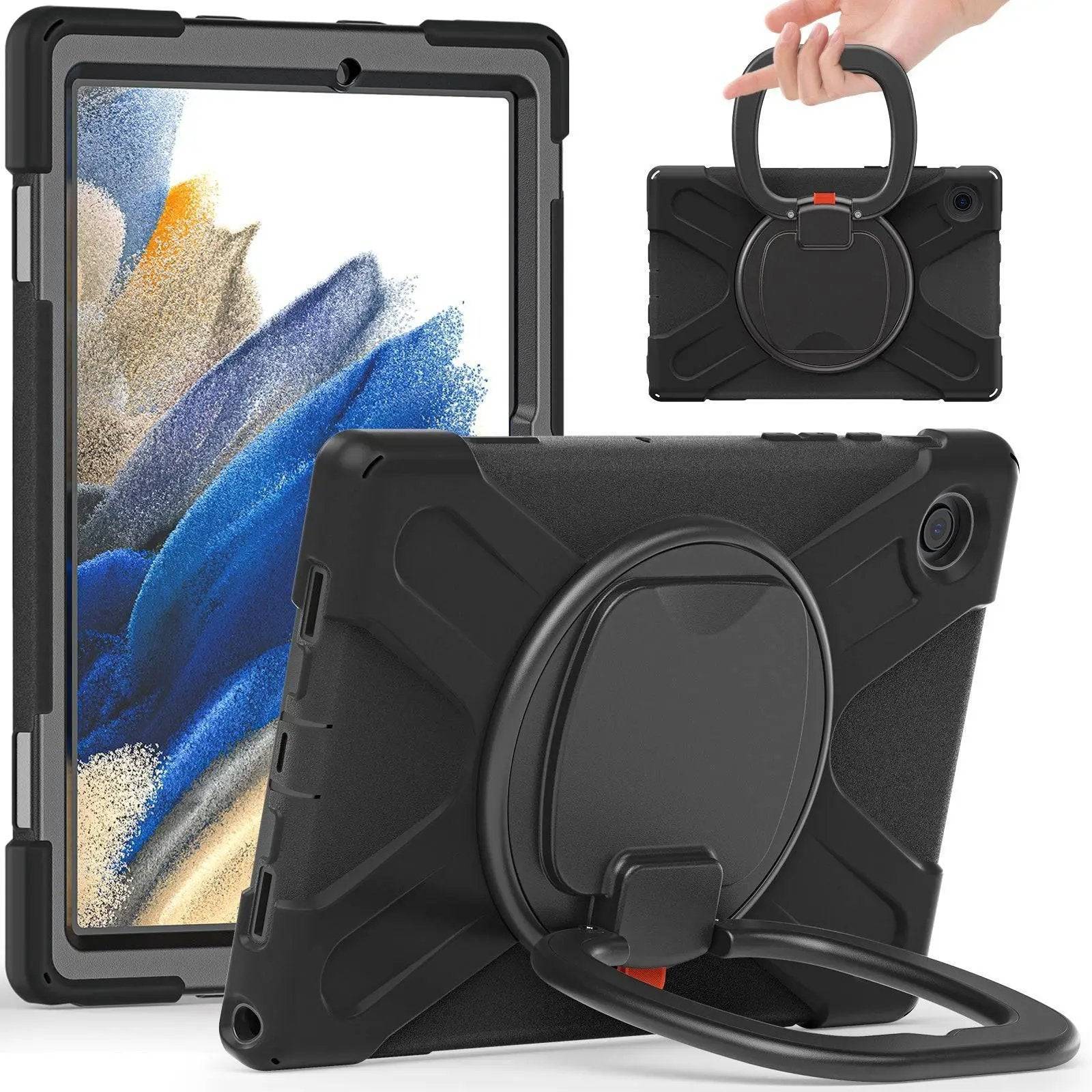 Heavy-duty Samsung Tablet A8 X200 Protective Case in black with a secure grip handle, kickstand, and reinforced corners for superior drop protection.