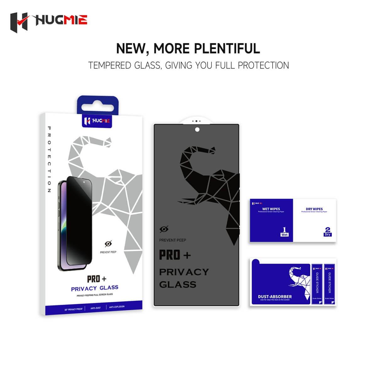 Hugmie Pro+ Privacy Glass screen protector packaging, including tempered glass, wipes, and dust absorber for Samsung S24 Series.