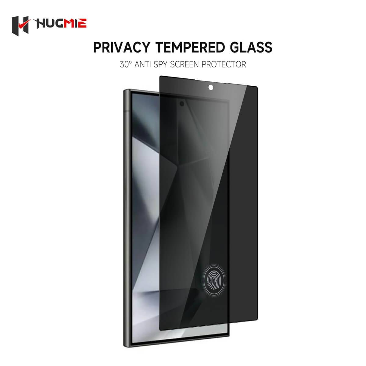 Hugmie Privacy Tempered Glass for Samsung S24 Series with 30° anti-spy screen protection, ensuring data security from side views.