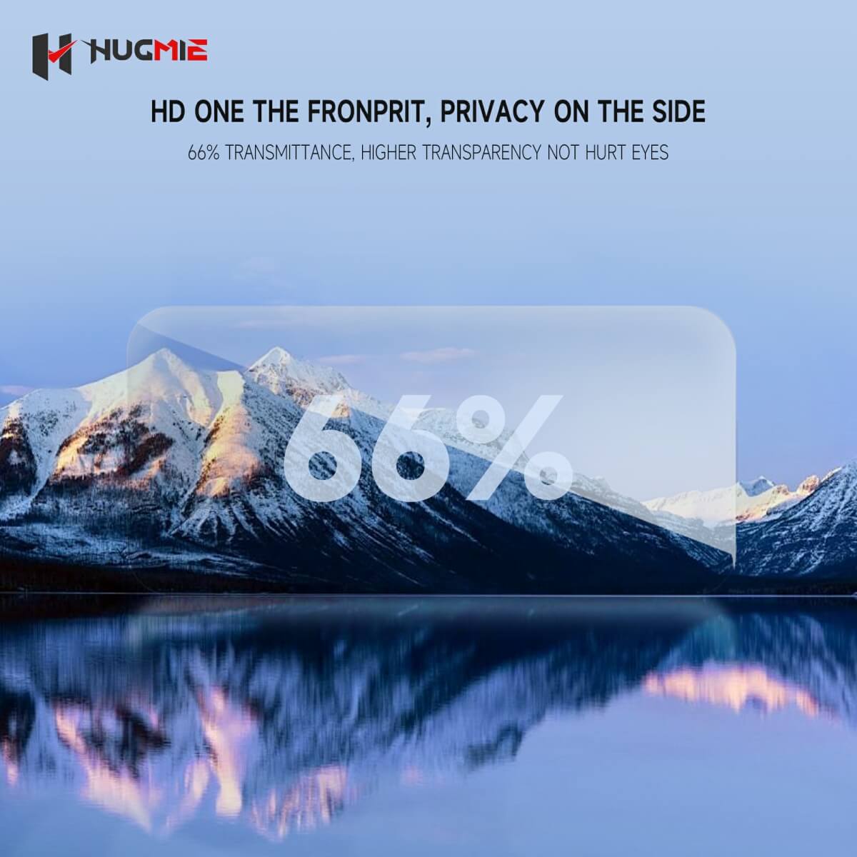 Hugmie Privacy Screen Protector with 66% transmittance, offering high transparency from the front while blocking side views.