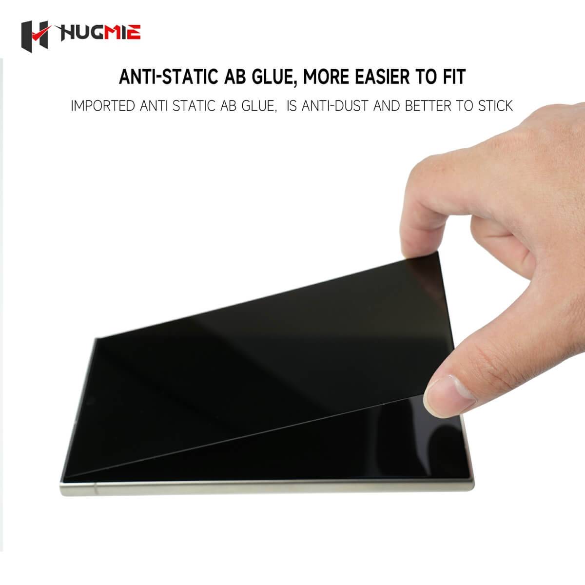 Hugmie anti-static AB glue screen protector for Samsung S24 Series, ensuring easy installation with dust-resistant adhesion.