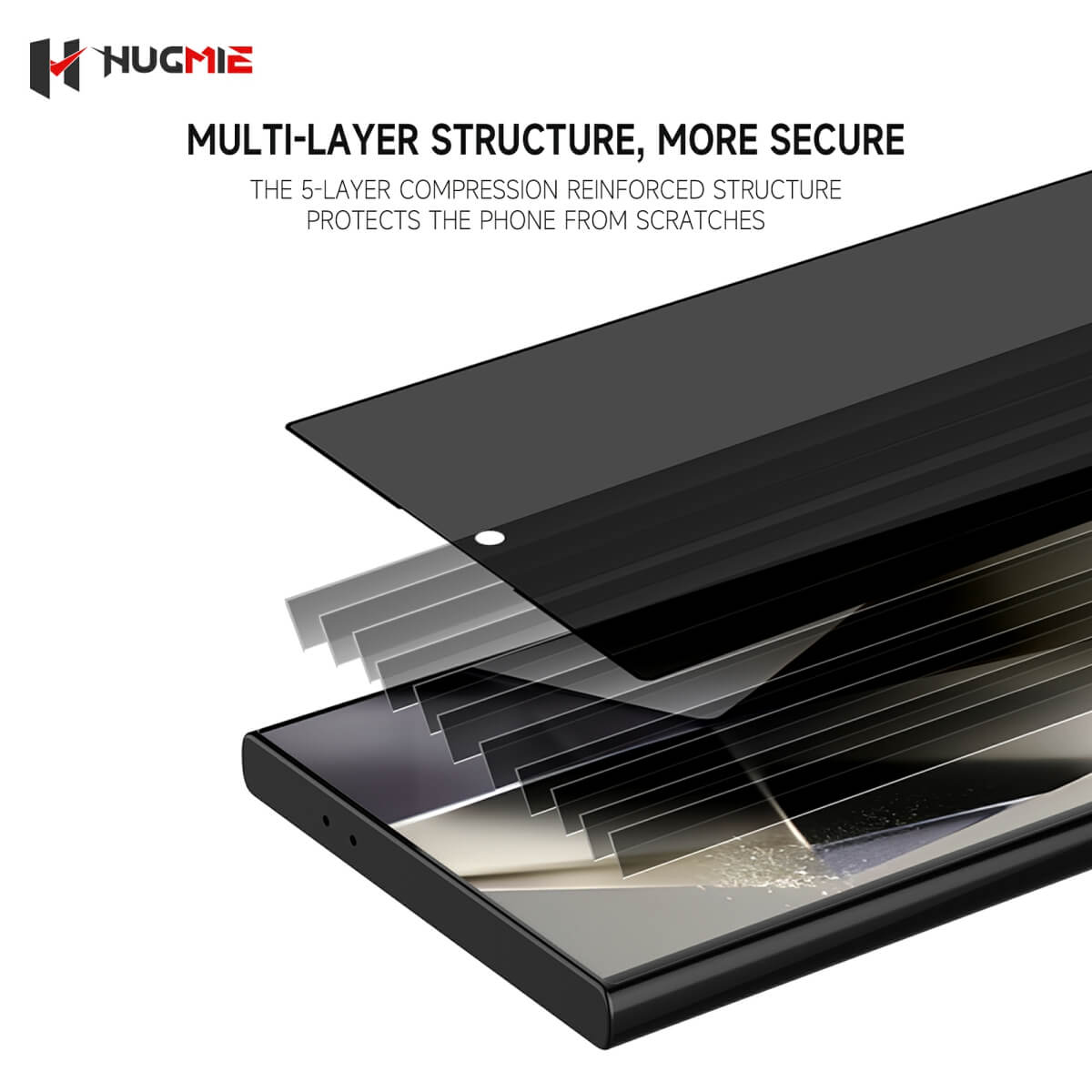 Hugmie multi-layer privacy screen protector with 5-layer reinforced structure, providing enhanced scratch resistance for Samsung S24 Series.