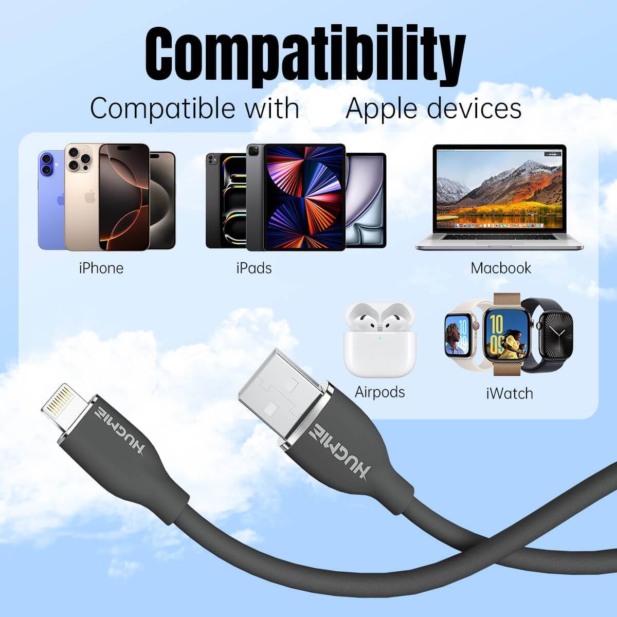 Hugmie USB-A to Lightning cable compatible with Apple devices, including iPhones, iPads, MacBooks, AirPods, and iWatch for seamless connectivity.
