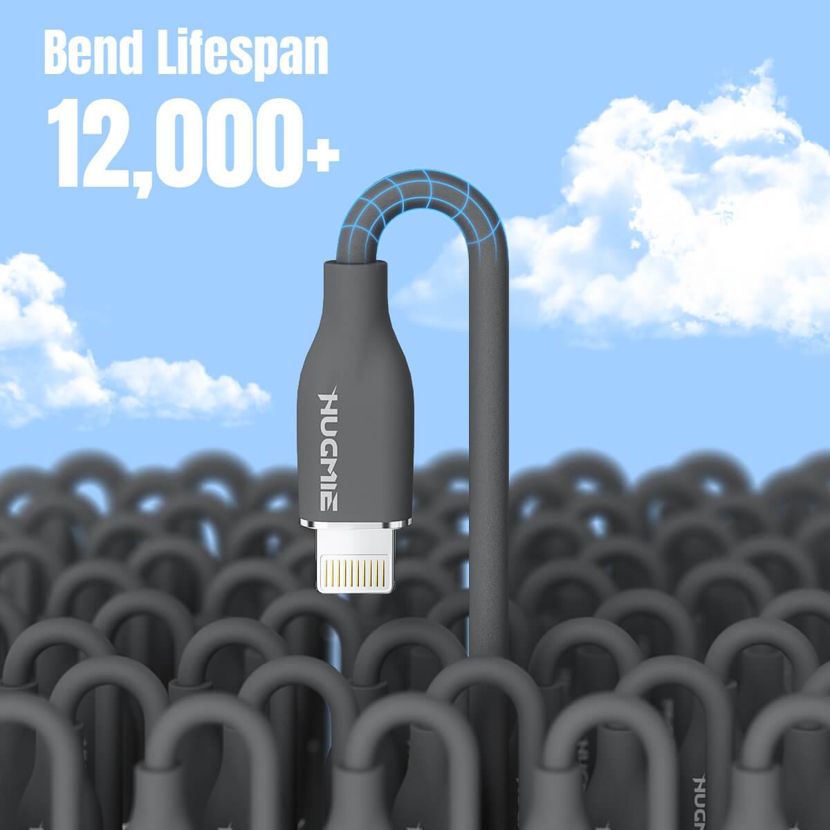 Hugmie USB-A to Lightning cable with a bend lifespan of over 12,000, showcasing its durability and flexibility for long-lasting performance.