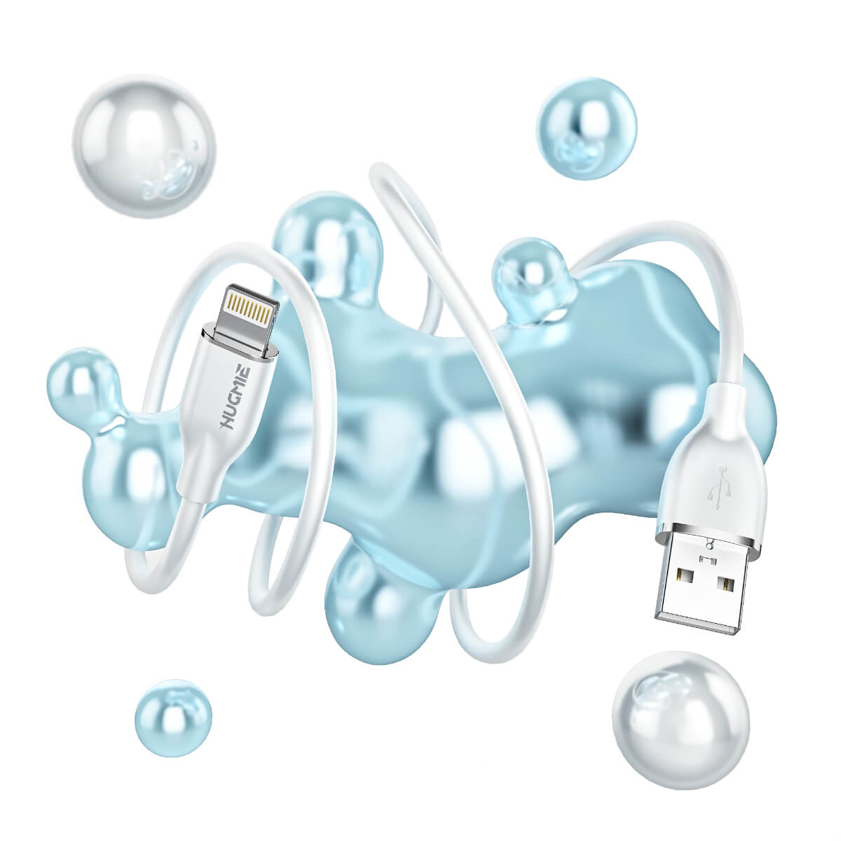 Hugmie® USB-A to Lightning cable with a flexible silicone build, designed for durability and efficient charging performance.