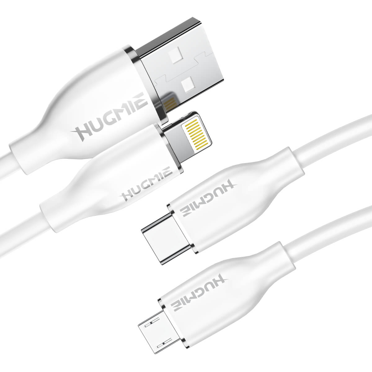 Hugmie® charging cables featuring USB-A to Lightning, USB-C, and Micro-USB connectors, offering versatile charging options.