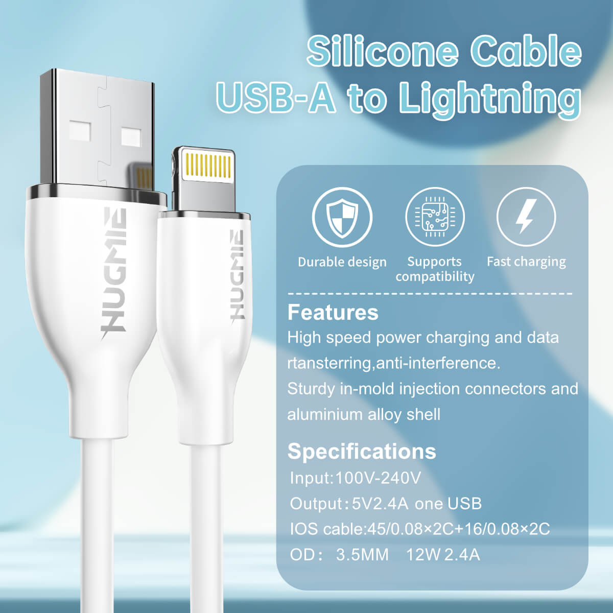 Detailed specifications of Hugmie® USB-A to Lightning fast charging cable, emphasizing its durable design, fast charging, and anti-interference features.