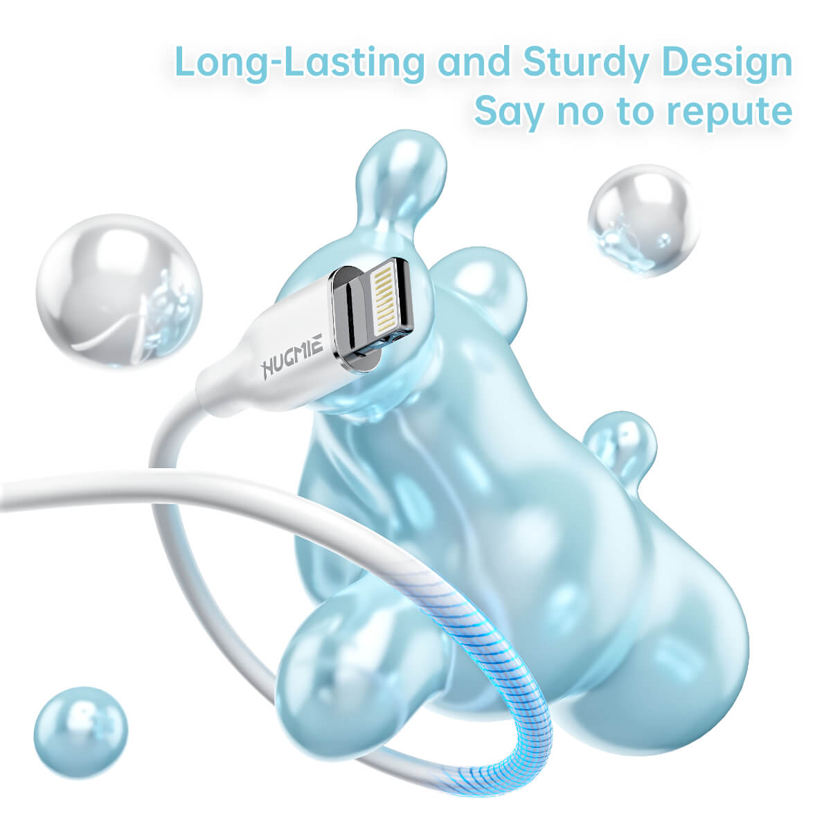 Close-up of Hugmie® USB-A to Lightning cable showcasing its sturdy silicone design, ensuring long-lasting durability and resistance to wear.