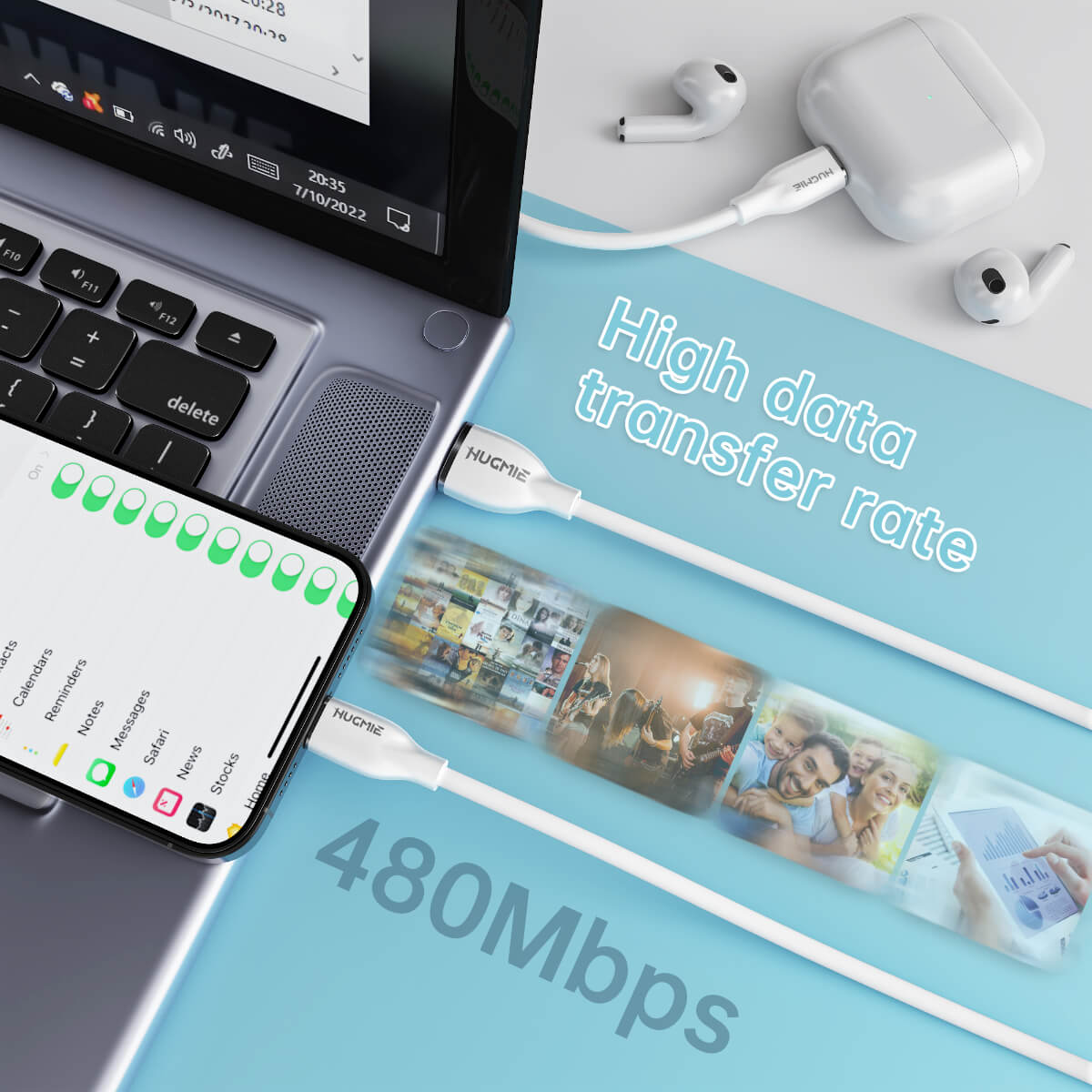 Hugmie® USB-A to Lightning cable demonstrating a high data transfer rate of 480Mbps, ideal for fast syncing between devices.
