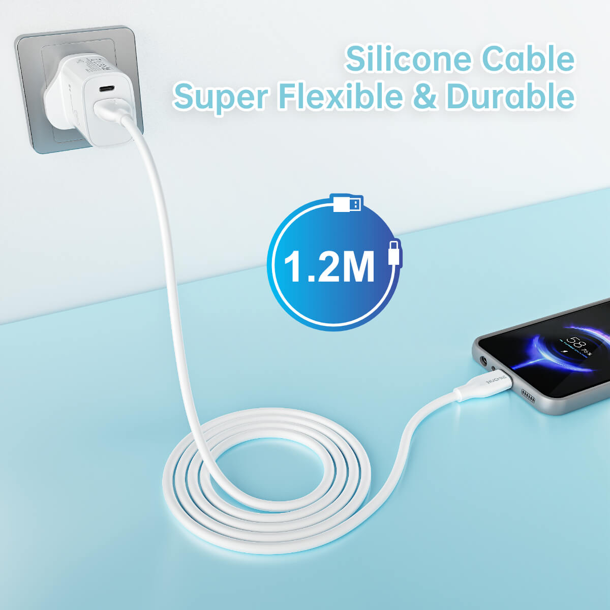 Hugmie® 1.2M silicone USB-A to Lightning cable plugged into a wall adapter, highlighting its flexibility and durability for everyday use.