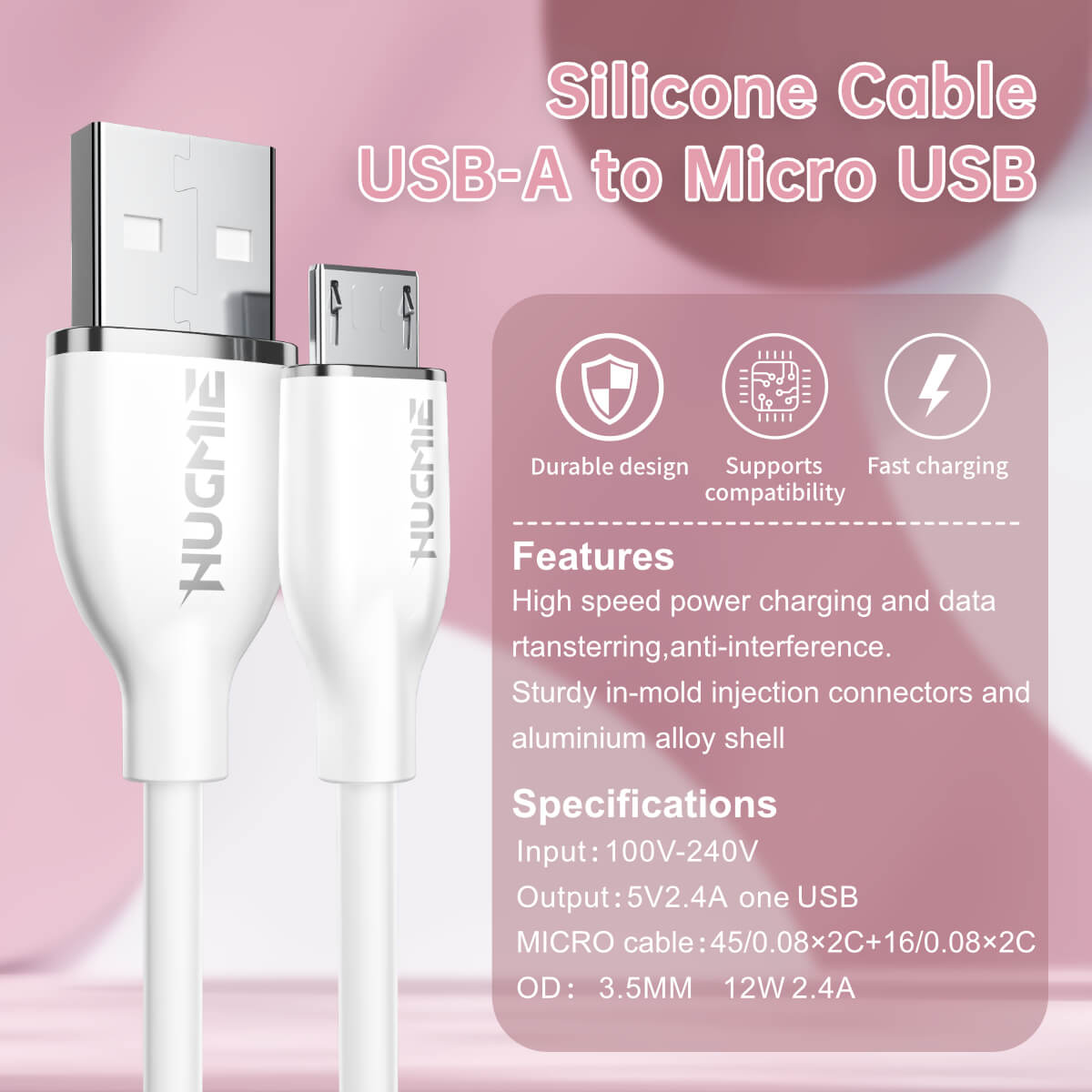 Hugmie Silicone USB-A to Micro Fast Charging Cable 1.2M-White