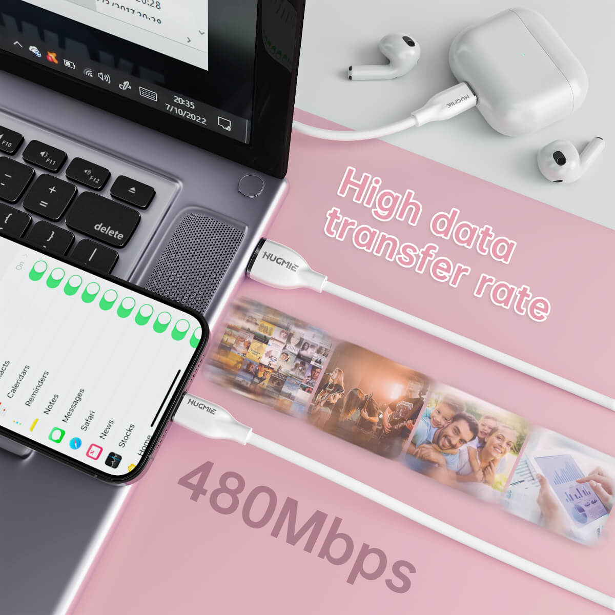 Hugmie® USB-A to Micro fast charging cable with 480Mbps high data transfer rate, shown connected to a laptop and wireless earbuds for seamless performance.