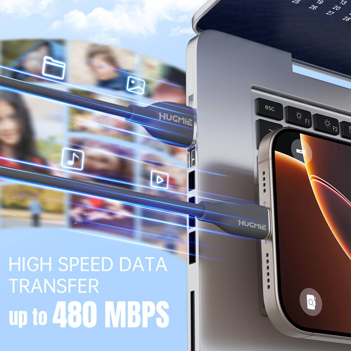 Hugmie USB-A to Type-C cable supports high-speed data transfer up to 480 Mbps, ensuring seamless file sharing between devices.