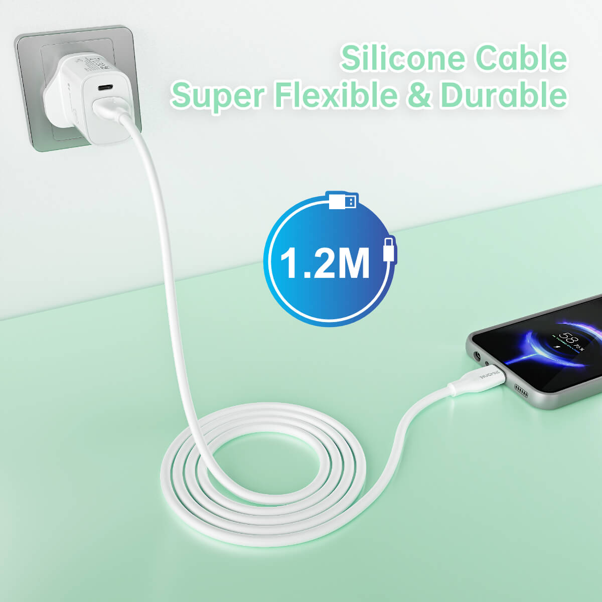 Super flexible and durable Hugmie® Silicone USB-A to Type-C Fast Charging Cable 1.2M, ideal for seamless charging with a tangle-free design.