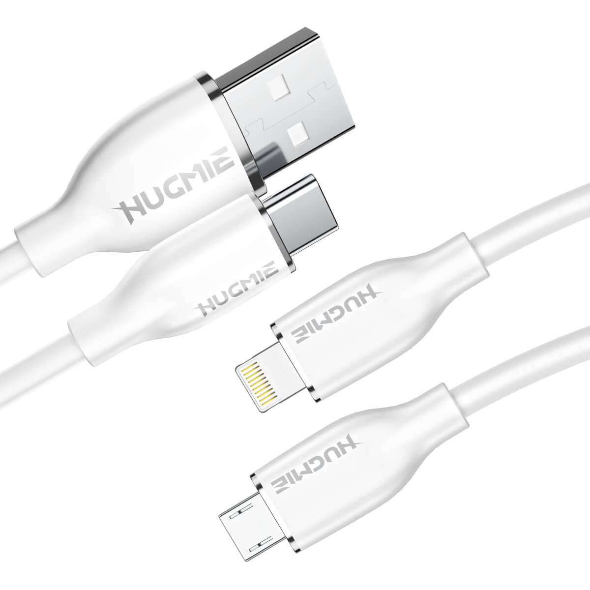 Hugmie® multi-functional charging cables, including USB-A to Type-C, Lightning, and Micro-USB, ensuring universal compatibility for various devices.
