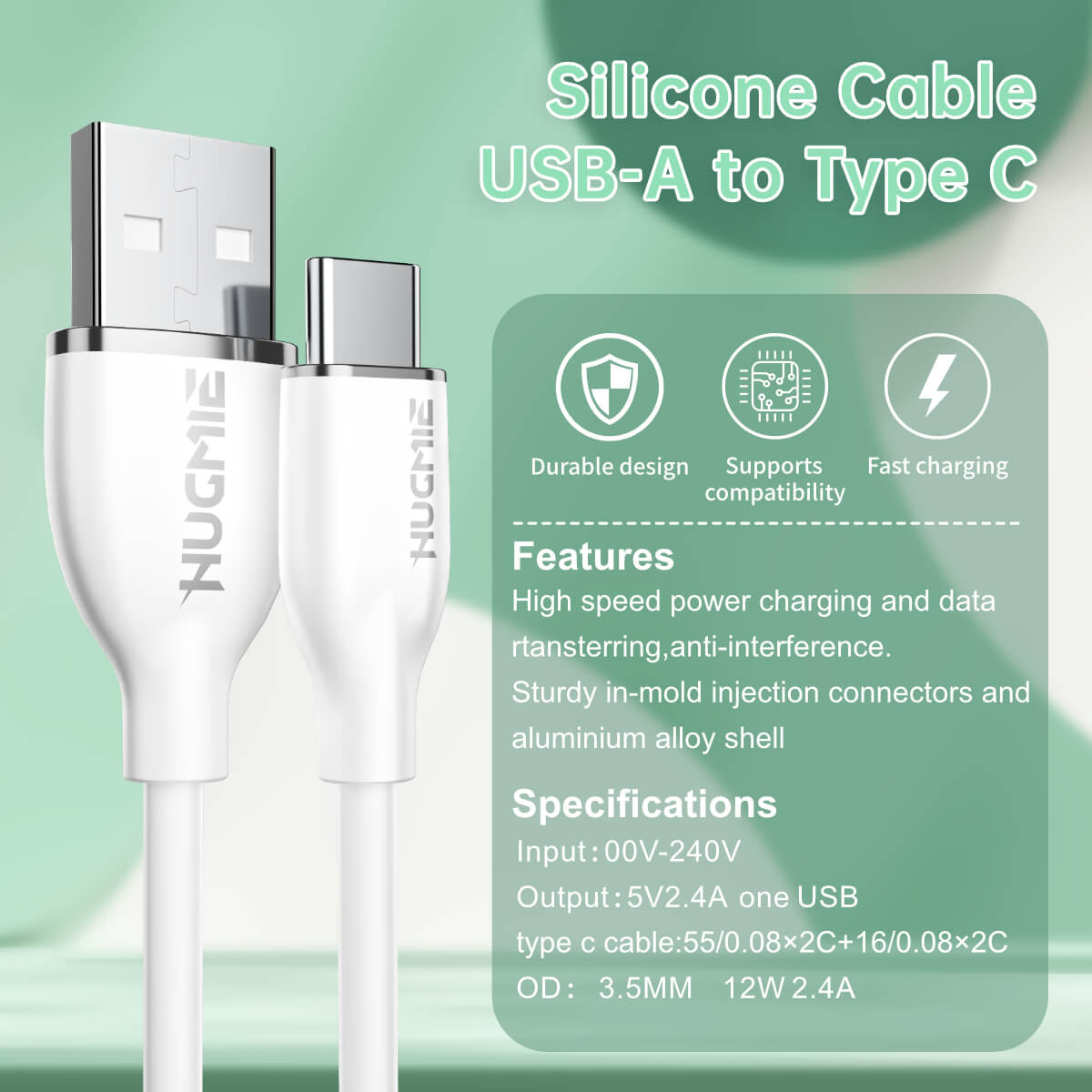 Detailed specifications of Hugmie® Silicone USB-A to Type-C Fast Charging Cable 1.2M, highlighting fast charging, durability, and compatibility.