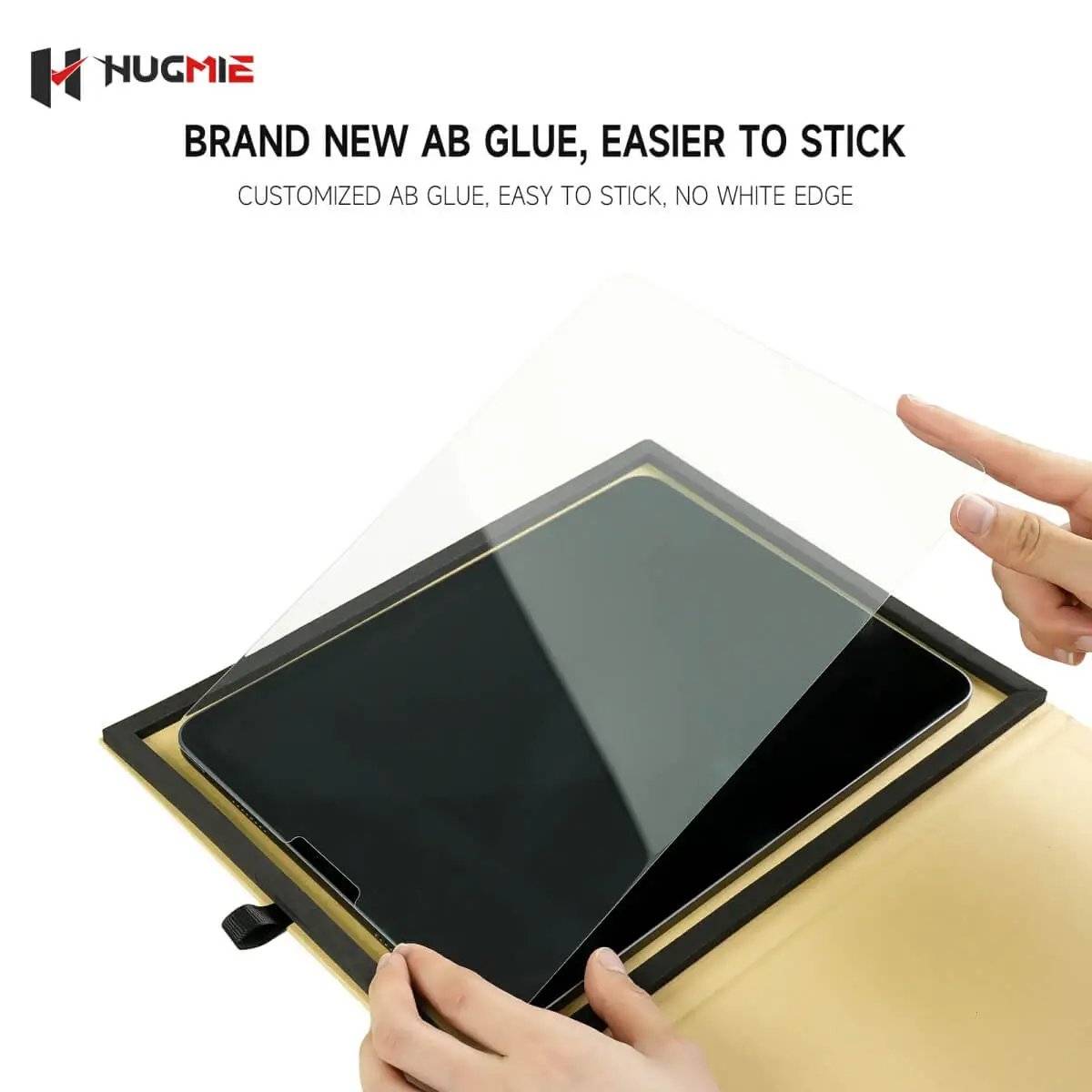 Easy-to-apply Hugmie Tempered Glass Screen Protector with AB glue for a seamless fit on iPad 10.2 inch.