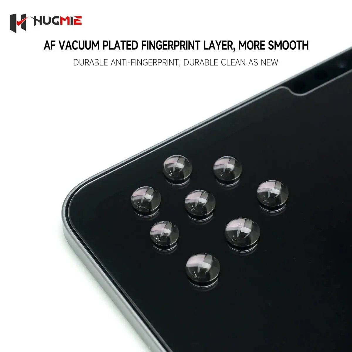 Anti-fingerprint Hugmie Tempered Glass Screen Protector with AF vacuum plating for a smooth, clean iPad 10.2 inch display.