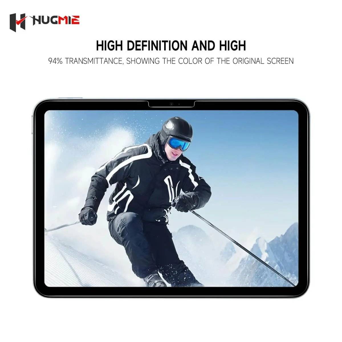 High-definition Hugmie Tempered Glass Screen Protector with 94% transmittance for vibrant iPad 10.2 inch display colors.