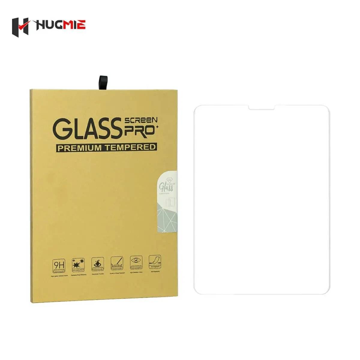 Premium Hugmie Tempered Glass Screen Protector packaging with 9H hardness for iPad 10.2 inch protection.